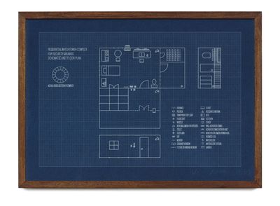 Kim Beom, Residential Watchtower Complex for Security Guards Schematic Unit Floor Plan, 2016, cyanotype på papir. Courtesy Kim Beom.